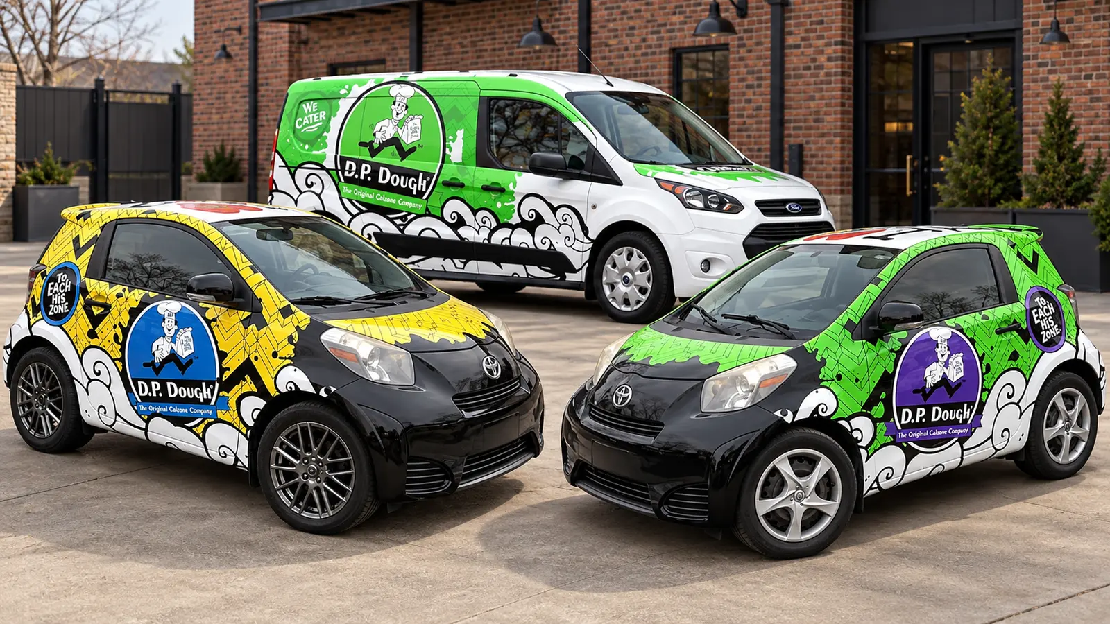 DP Dough mixed delivery fleet presentation with one van and two compact cars